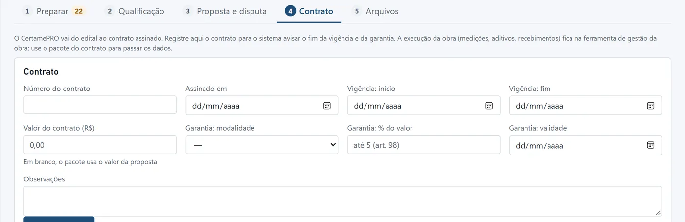 Aba Contrato do certame, com número do contrato, datas de vigência, valor e garantia.